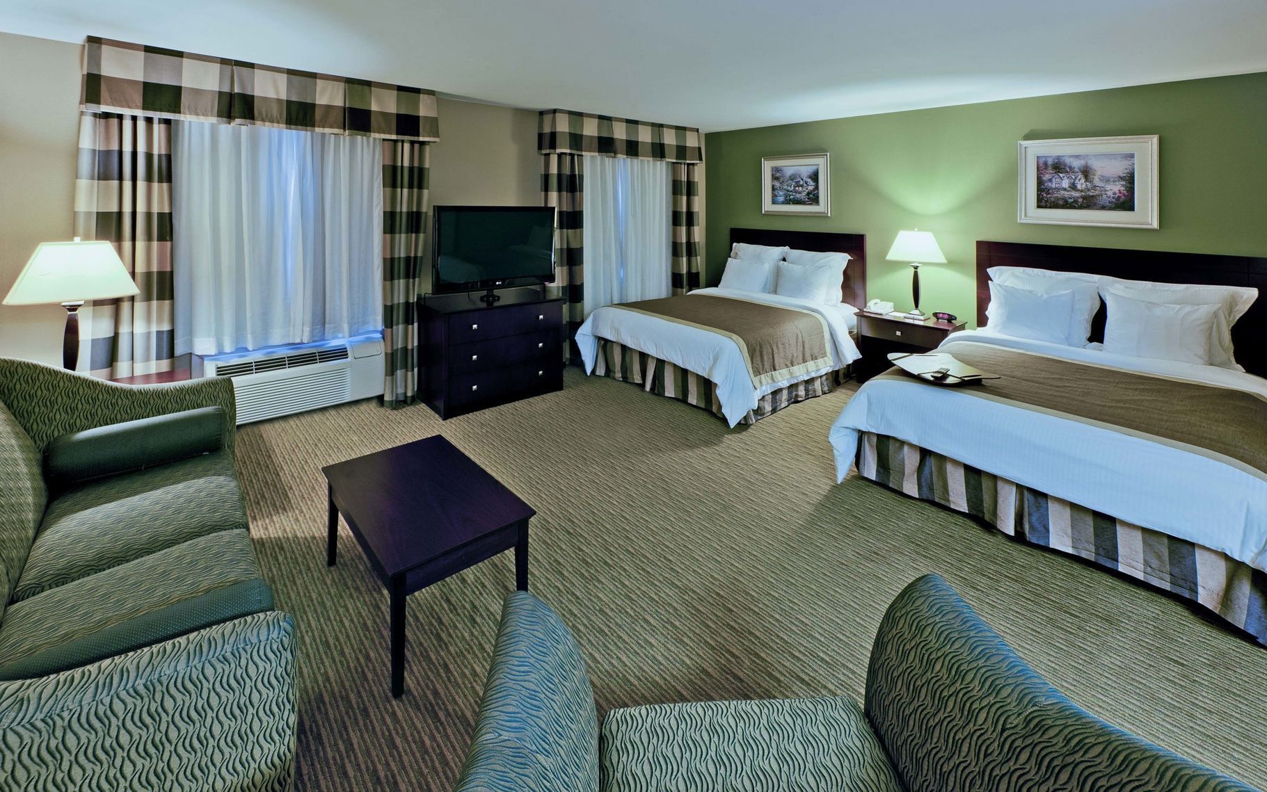 Premium bedding, desk, laptop workspace, iron/ironing board