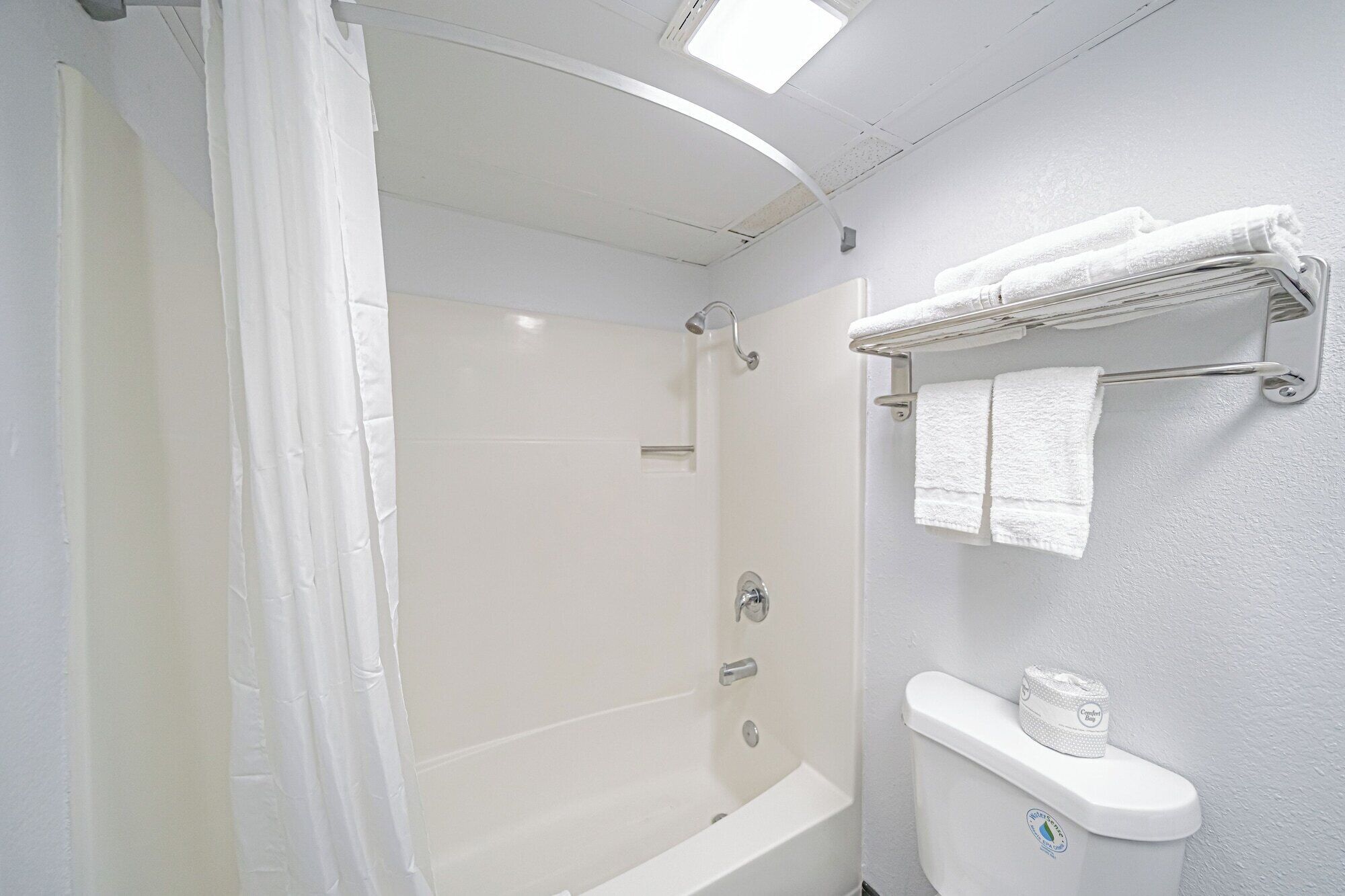 A bathroom with a shower, toilet, and towel rack.