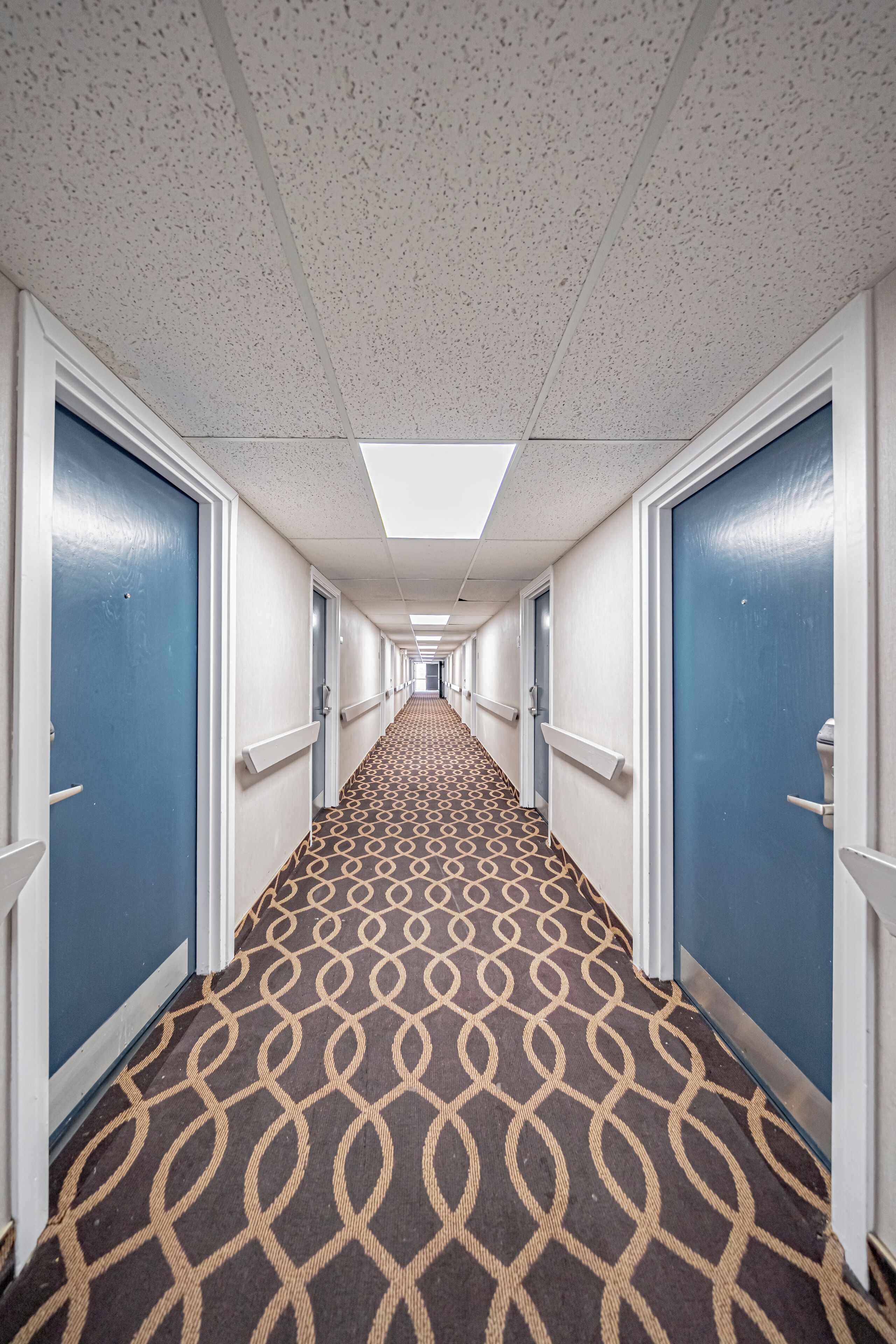 Un couloir d’hôtel avec un tapis à motifs, des portes bleues et des murs blancs.