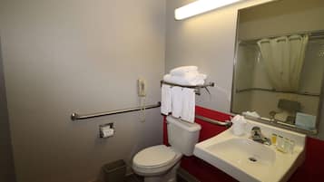 A bathroom with a toilet, sink, and a mirror. There is a handrail and a trash bin.