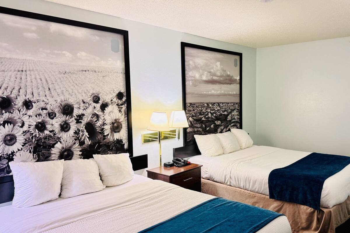 Quarto de hotel com duas camas, uma mesa de cabeceira, uma luminária e duas grandes obras de arte nas paredes.