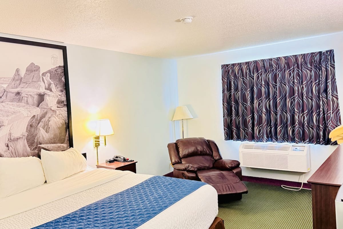 Quarto de hotel com uma cama, uma cadeira, uma escrivaninha, ar condicionado e um grande quadro na parede.