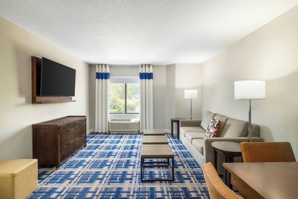 Een hotelkamer met een flatscreen televisie, een bank, een eettafel, een lamp en een kamerbreed tapijt met een patroon.