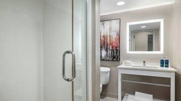 Rainfall showerhead, free toiletries, hair dryer, towels