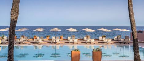 Seasonal outdoor pool, pool umbrellas, pool loungers