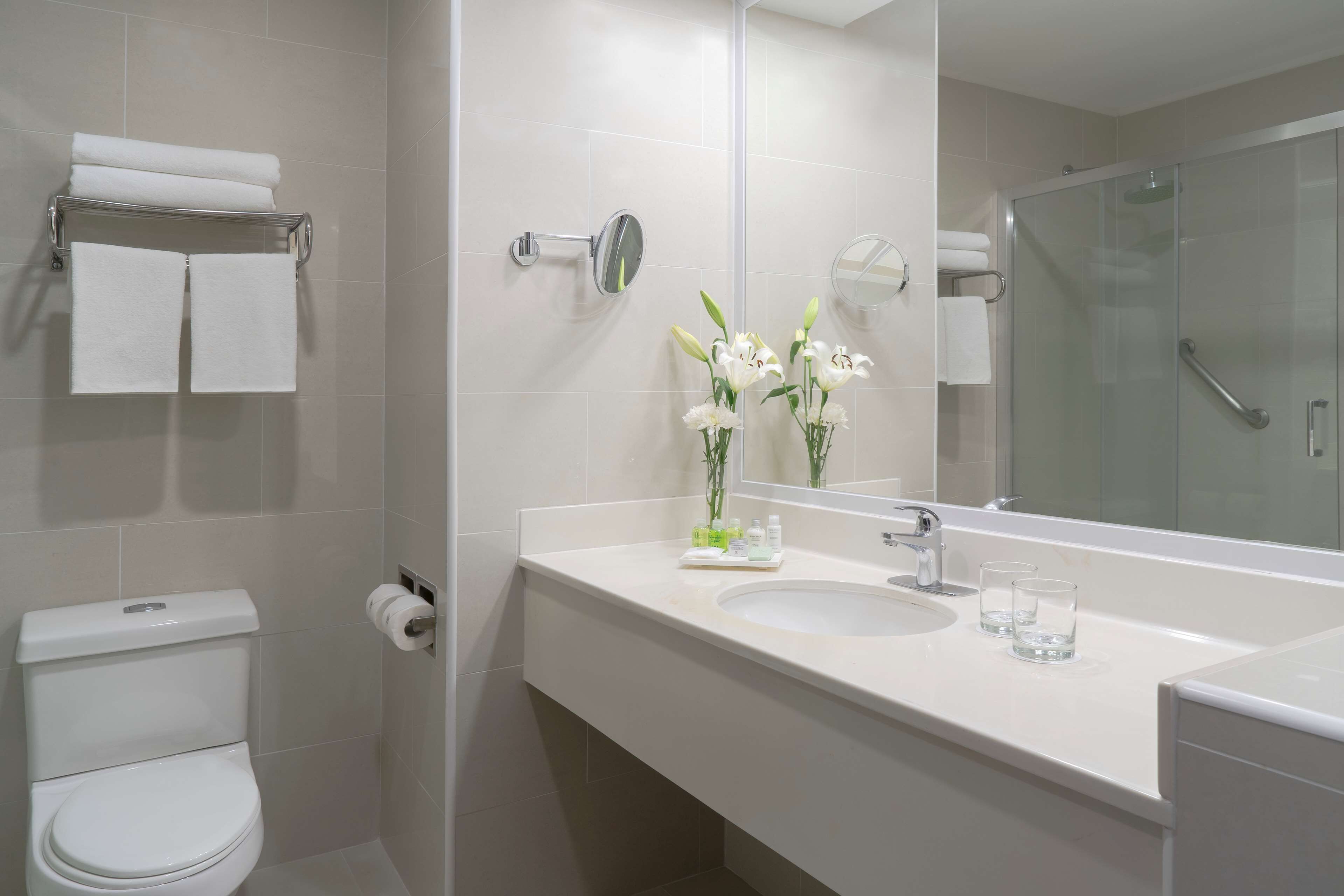 shower, eco-friendly toiletries, hair dryer, towels