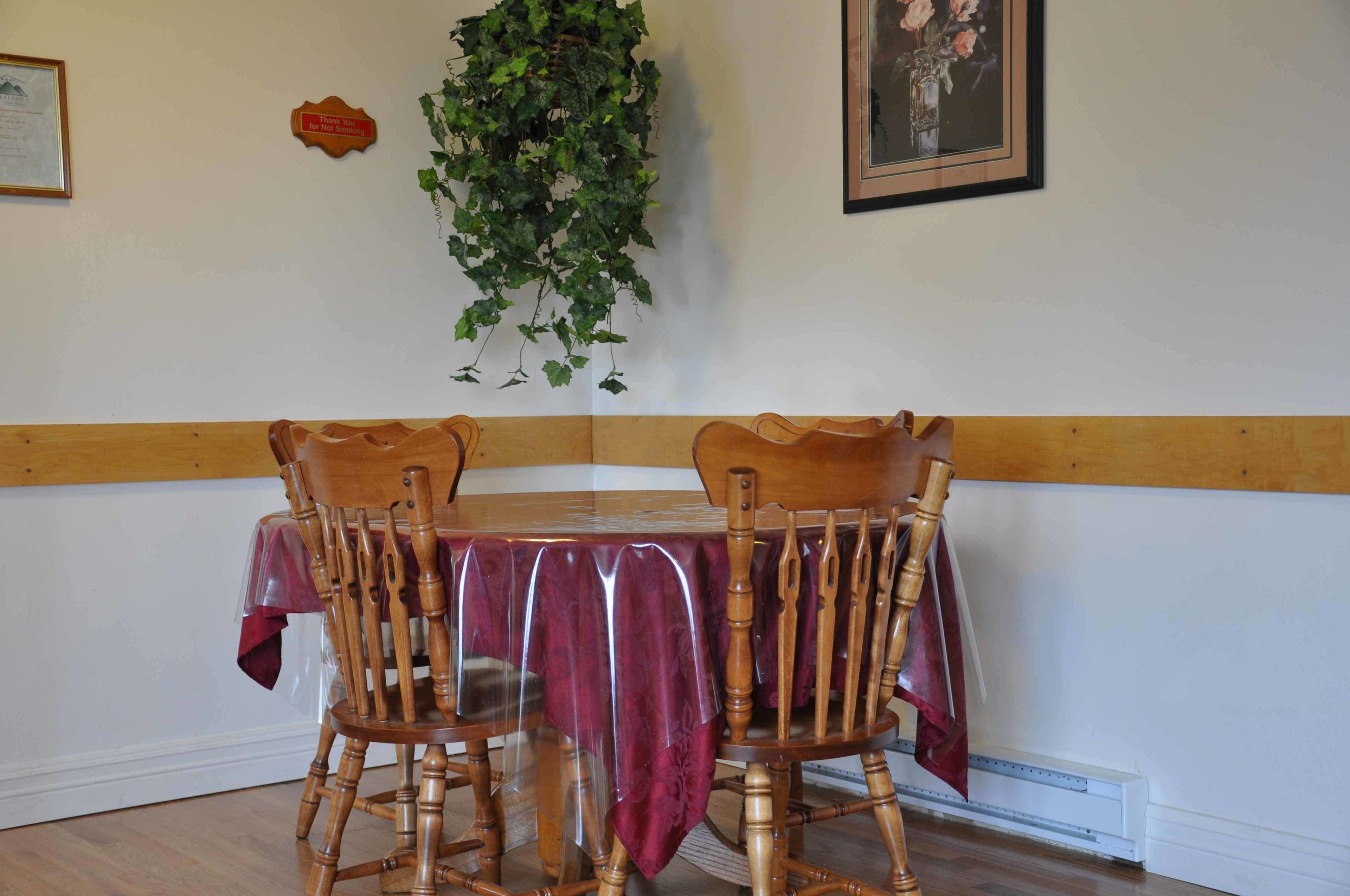 Ein Essbereich mit einem Tisch, der mit einer transparenten Tischdecke bedeckt ist, zwei Holzstühlen, einem Blumentopf und einem gerahmten Bild an der Wand.