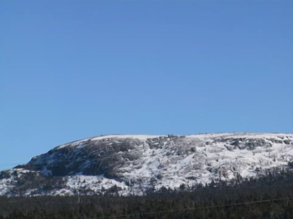 A snow-covered mountain with a clear sky.