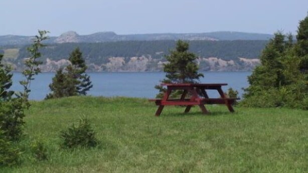 A picnic table in a grassy area with a view of a lake and mountains in the background.