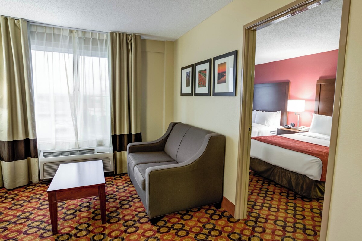 Une chambre d’hôtel avec un canapé, une petite table, un lit avec une tête de lit rouge et une fenêtre avec des rideaux. Trois tableaux encadrés sont accrochés au mur.