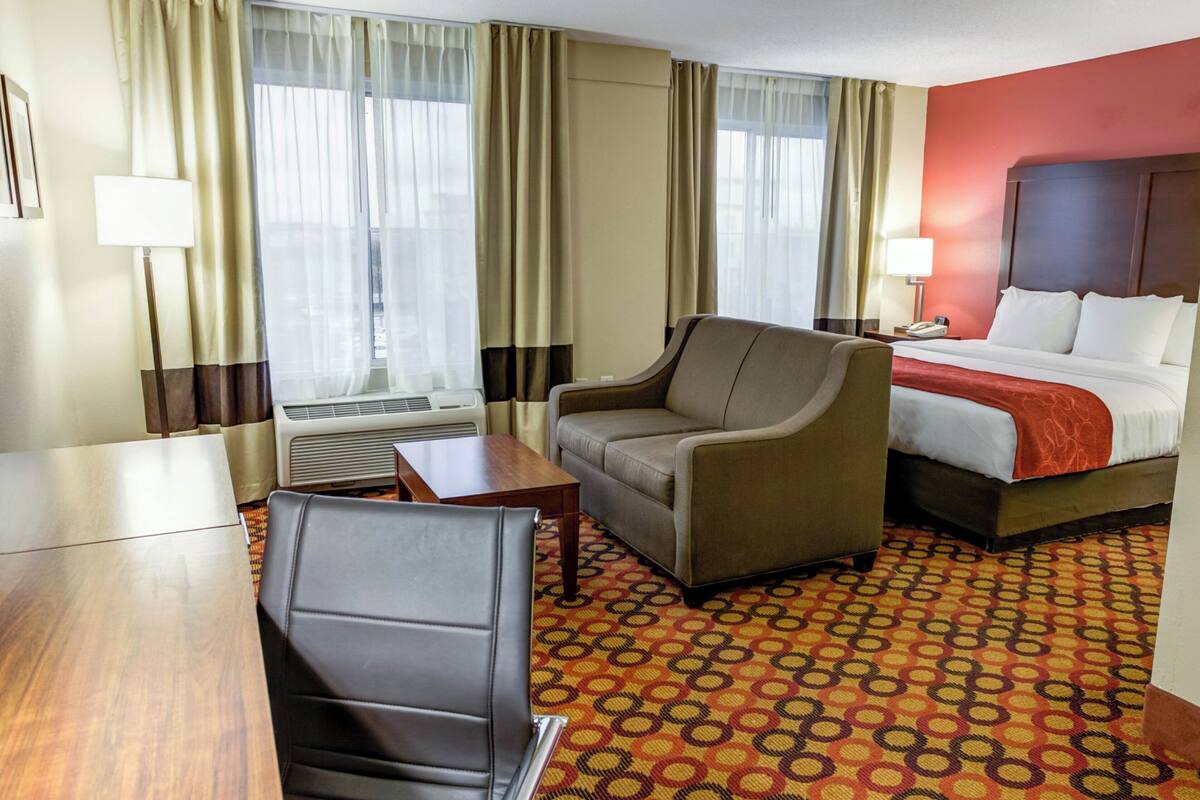 A hotel room with a bed, a sofa, a desk, and a chair.