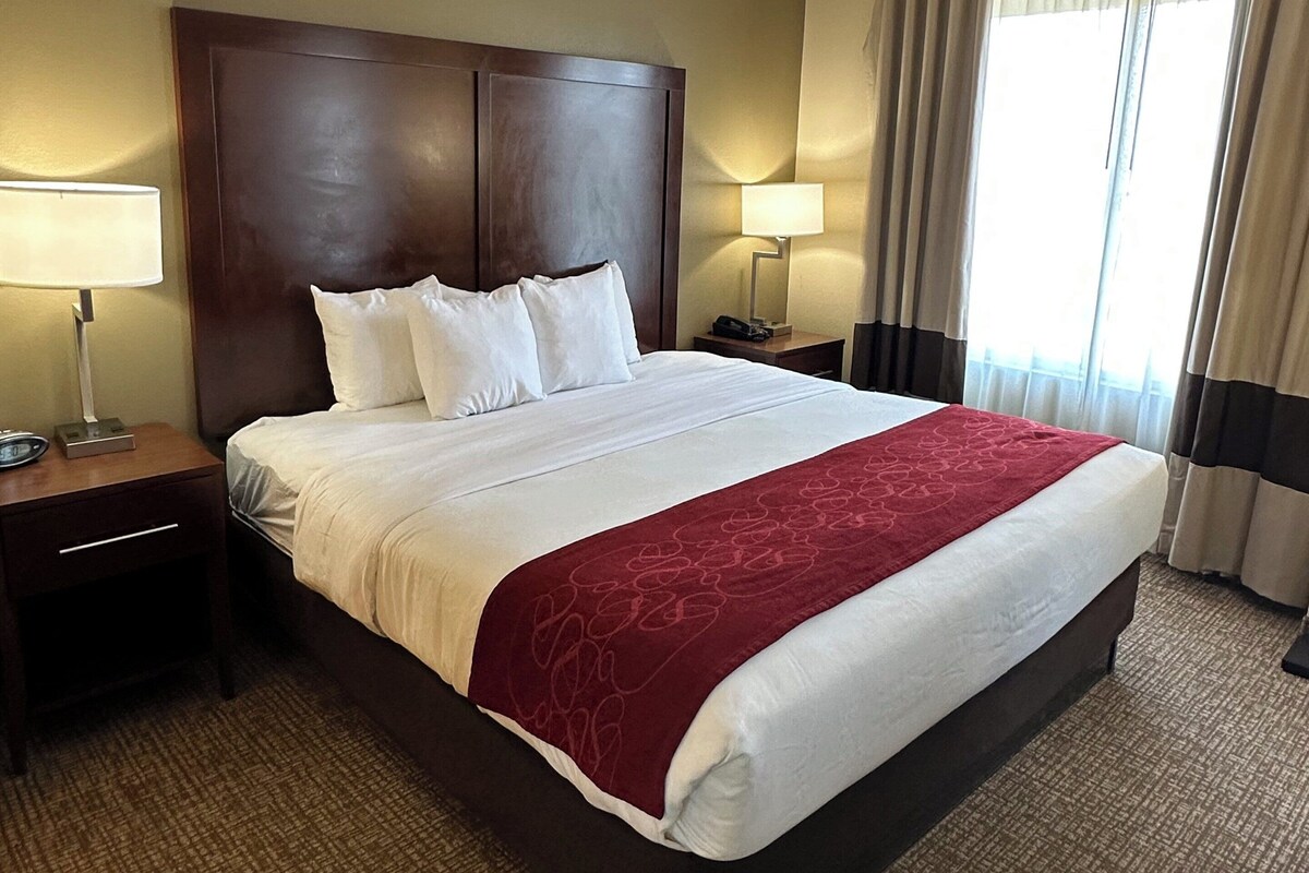 Une chambre d’hôtel avec un grand lit, deux tables de chevet, une tête de lit et une fenêtre avec des rideaux.