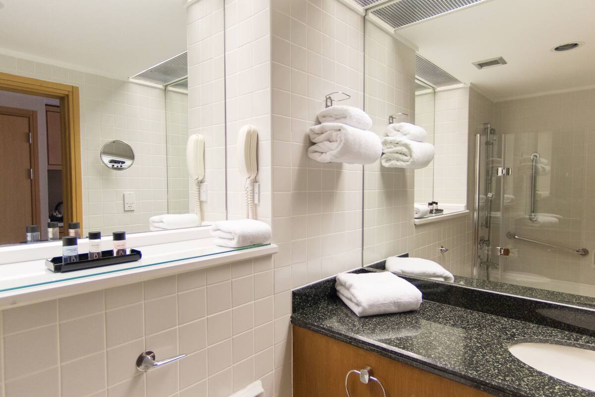 free toiletries, hair dryer, towels