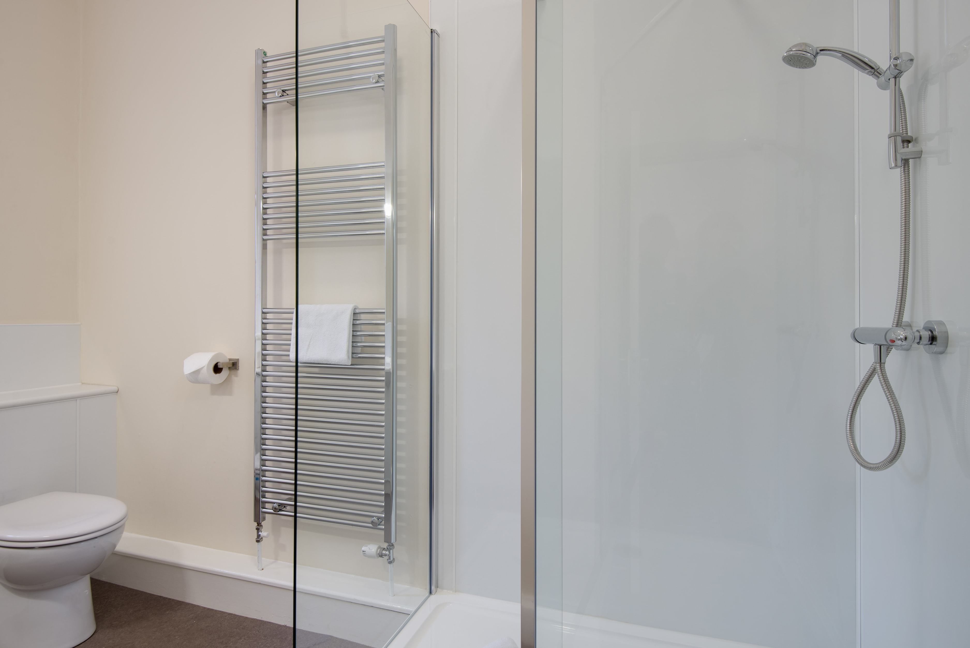 A modern bathroom with a glass shower enclosure, a glass shower head, a chrome towel rack, and a toilet.