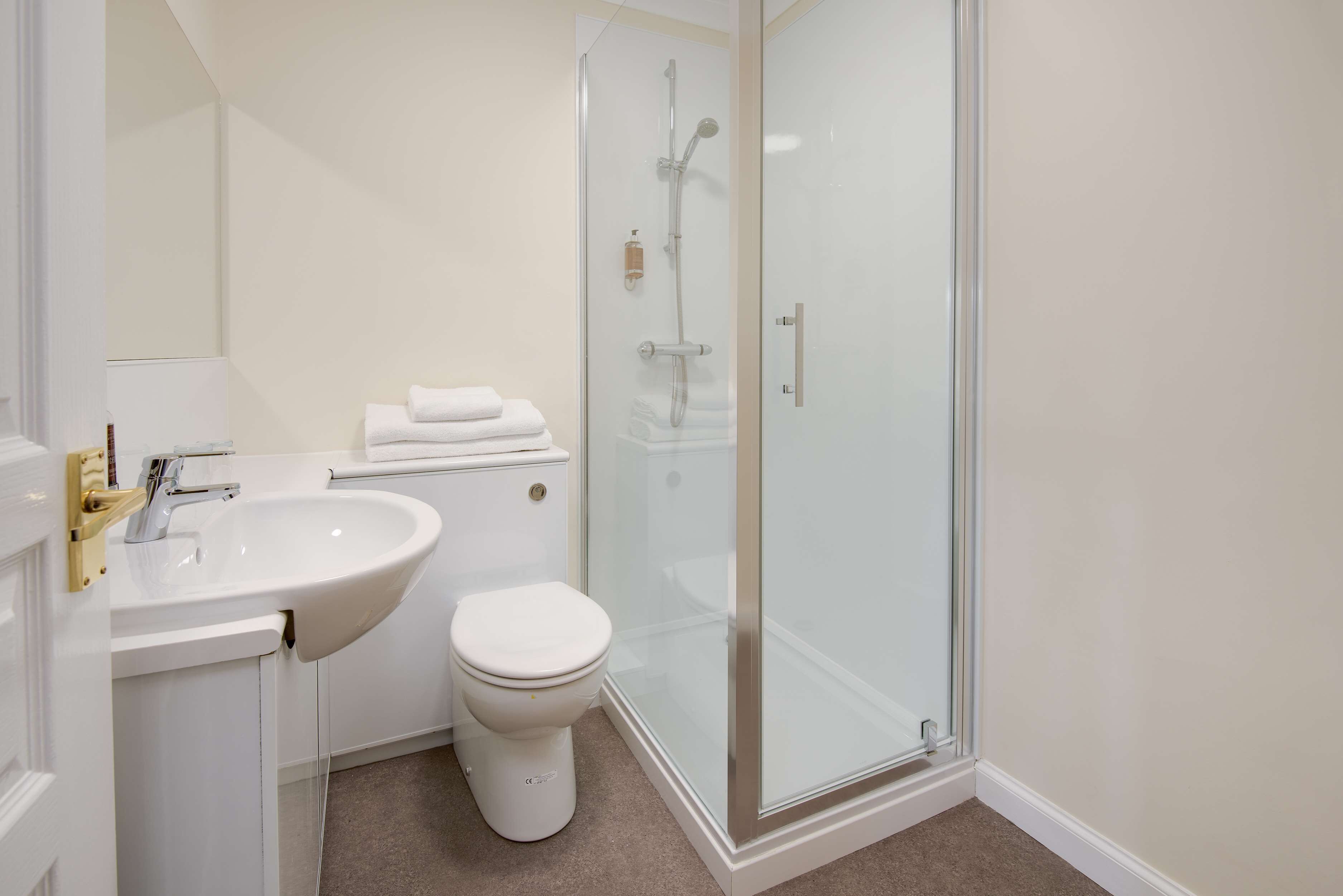 A modern bathroom with a glass-enclosed shower, a white sink, and a toilet.