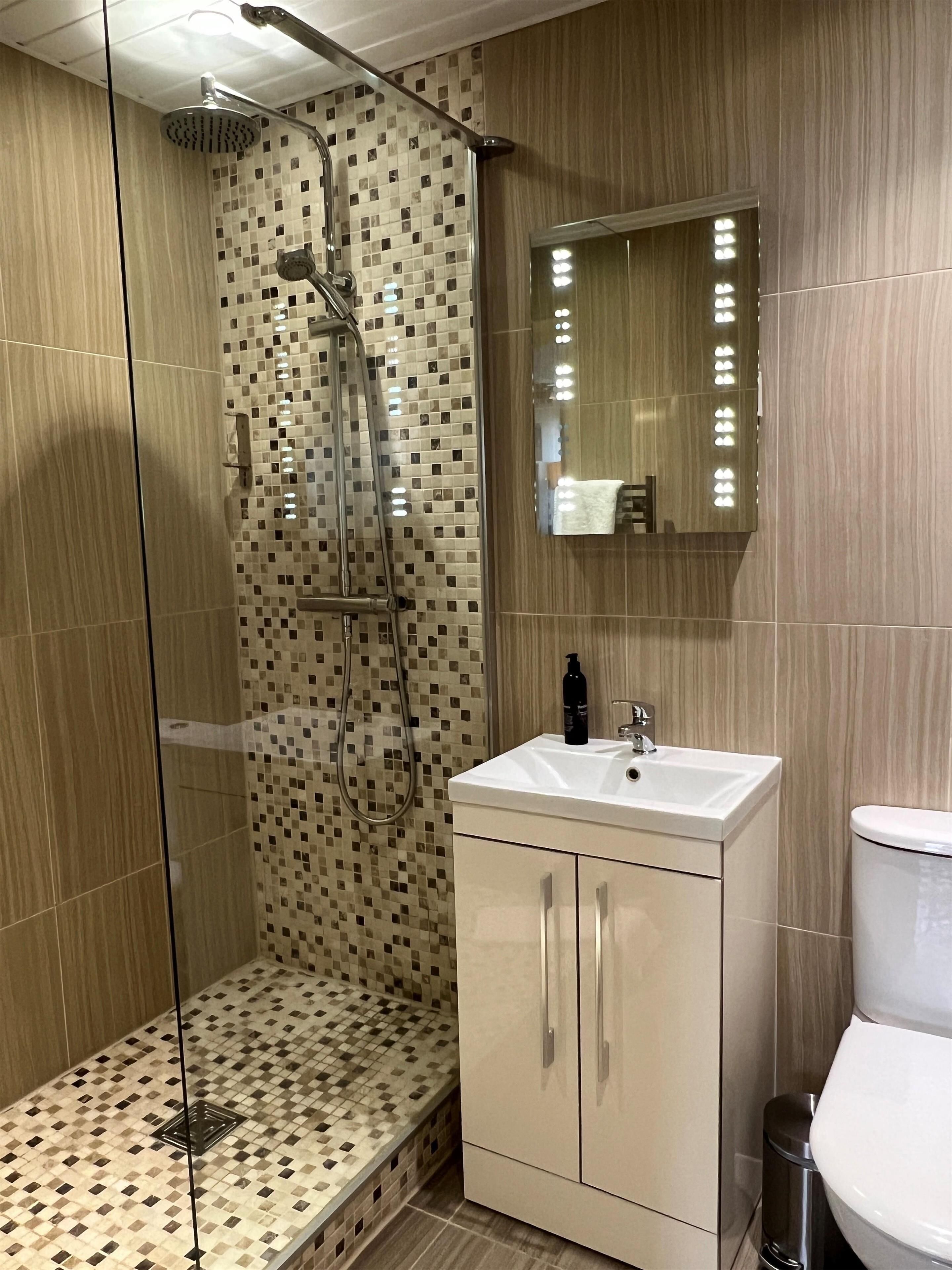 A bathroom with a shower, a sink, a toilet, and a mirror.