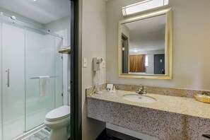 A bathroom with a glass shower enclosure, a toilet, a sink with a granite countertop, and a mirror with a gold frame.