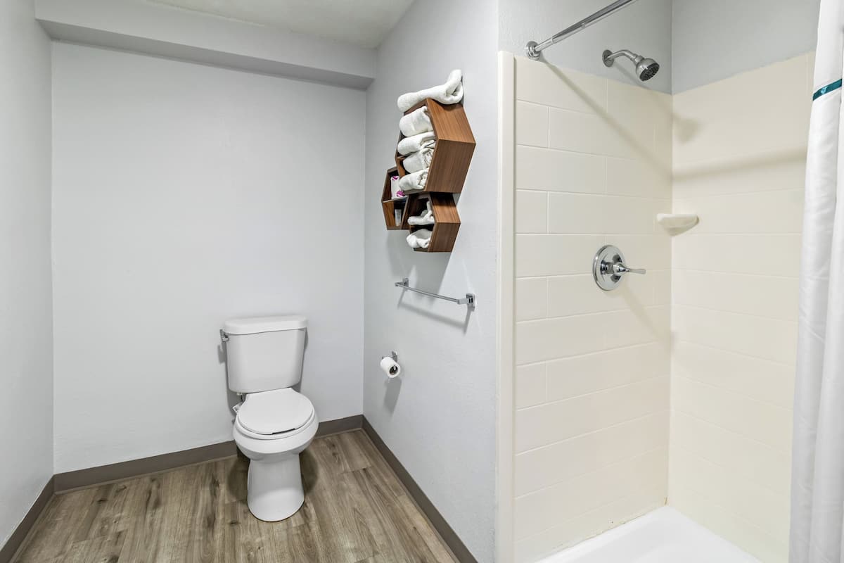 Shower, free toiletries, towels, soap