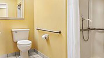A bathroom with a toilet, a sink, a mirror, and a shower.