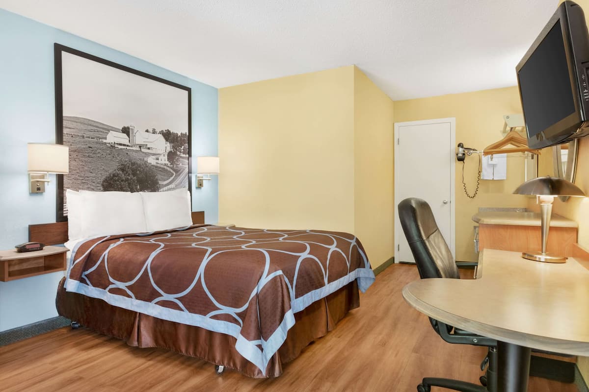 A hotel room with a bed, a desk, a chair, a television, and a framed picture on the wall.
