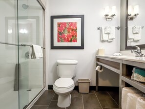 Combined shower/tub, free toiletries, hair dryer, towels