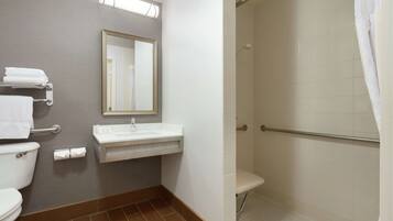 Un bagno con toilette, lavandino e doccia.