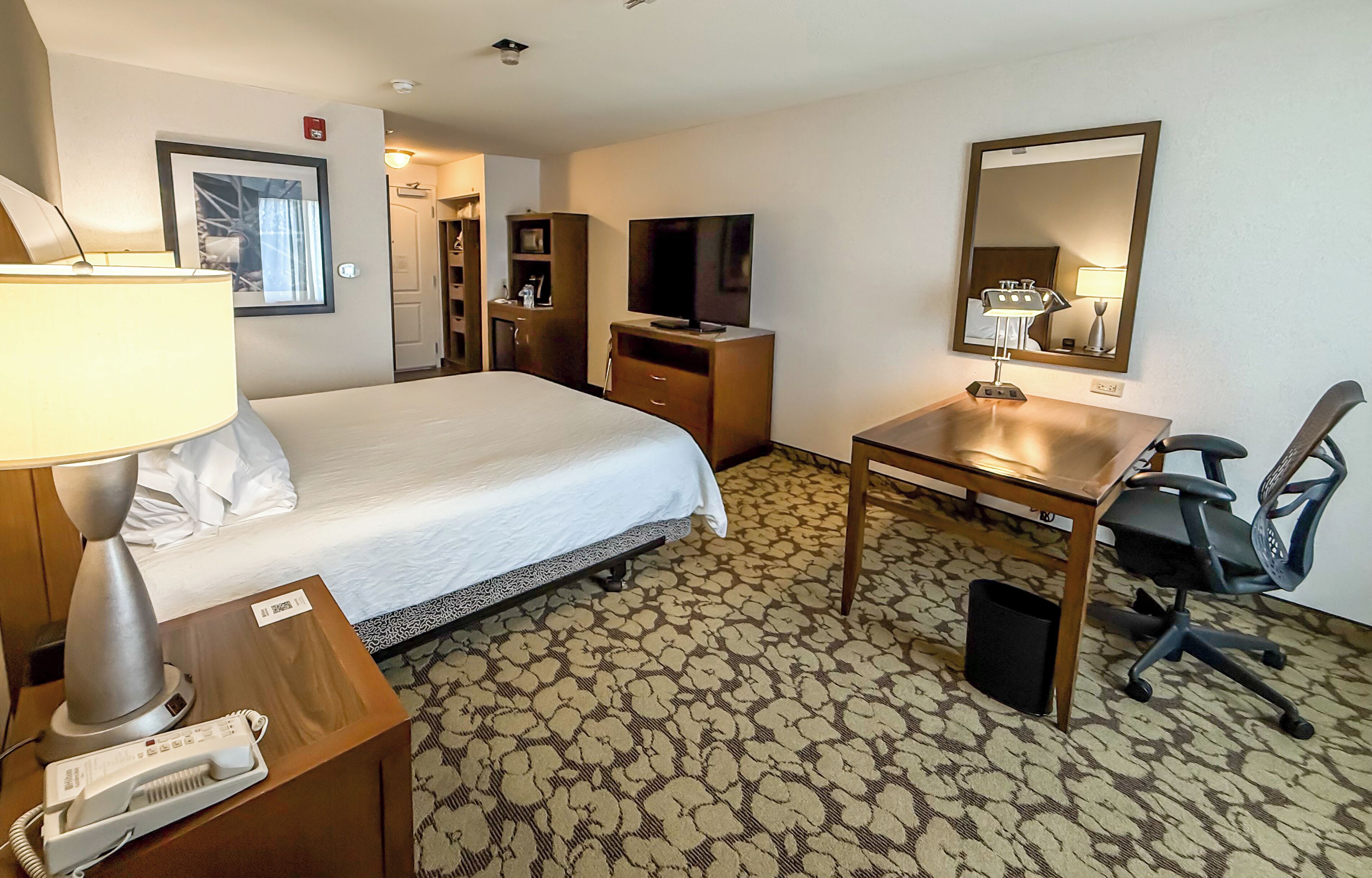 A hotel room with a bed, desk, chair, lamp, TV, and a patterned carpet.