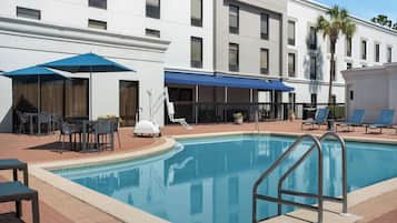 Outdoor pool, pool umbrellas, pool loungers