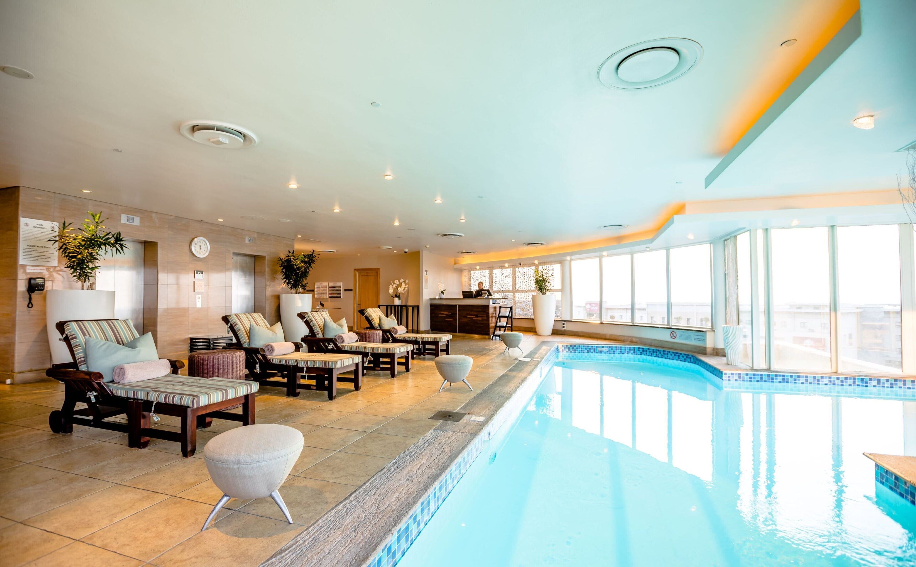 indoor pool, pool loungers