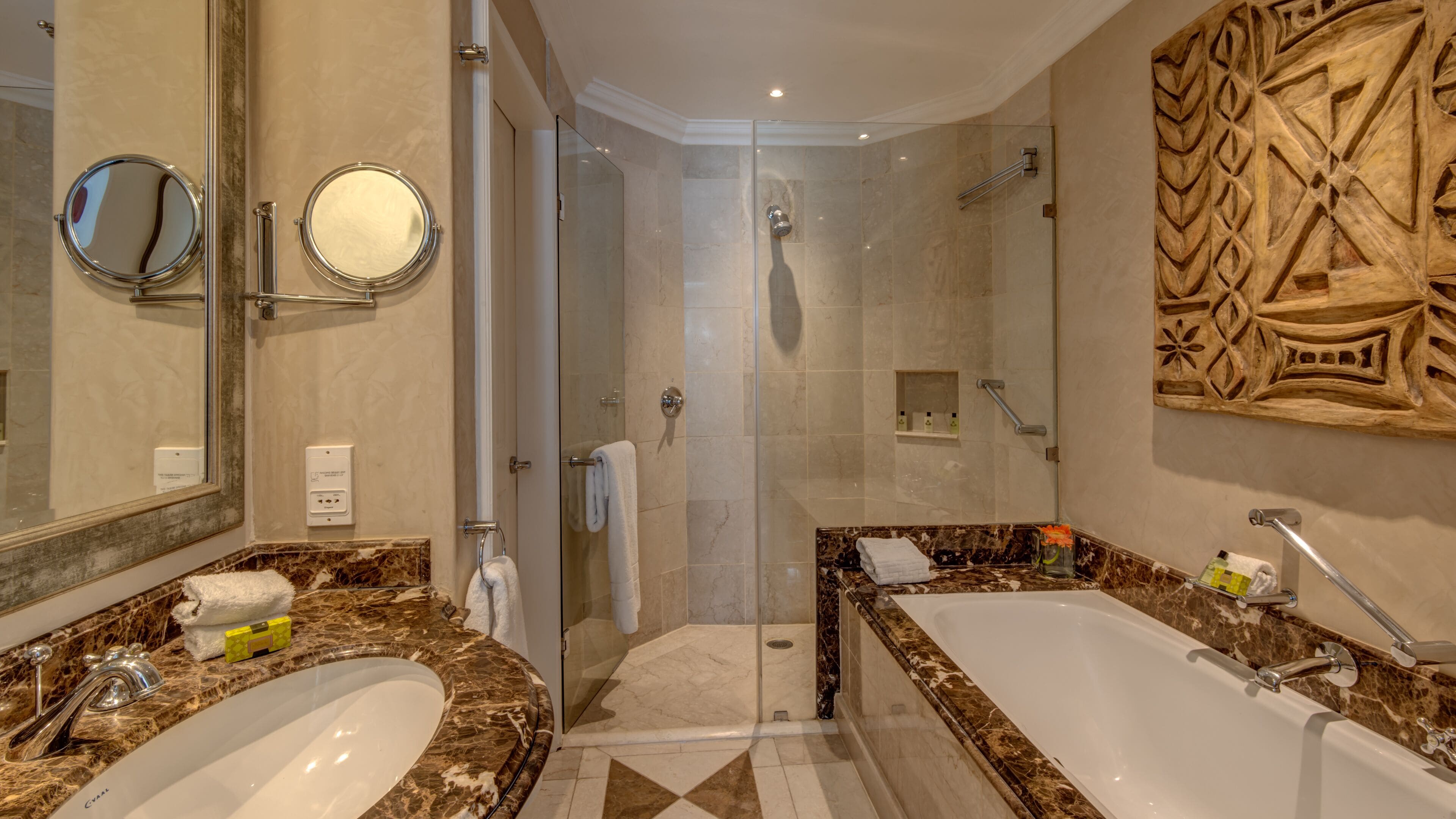 separate bathtub and shower, deep-soaking bathtub, free toiletries