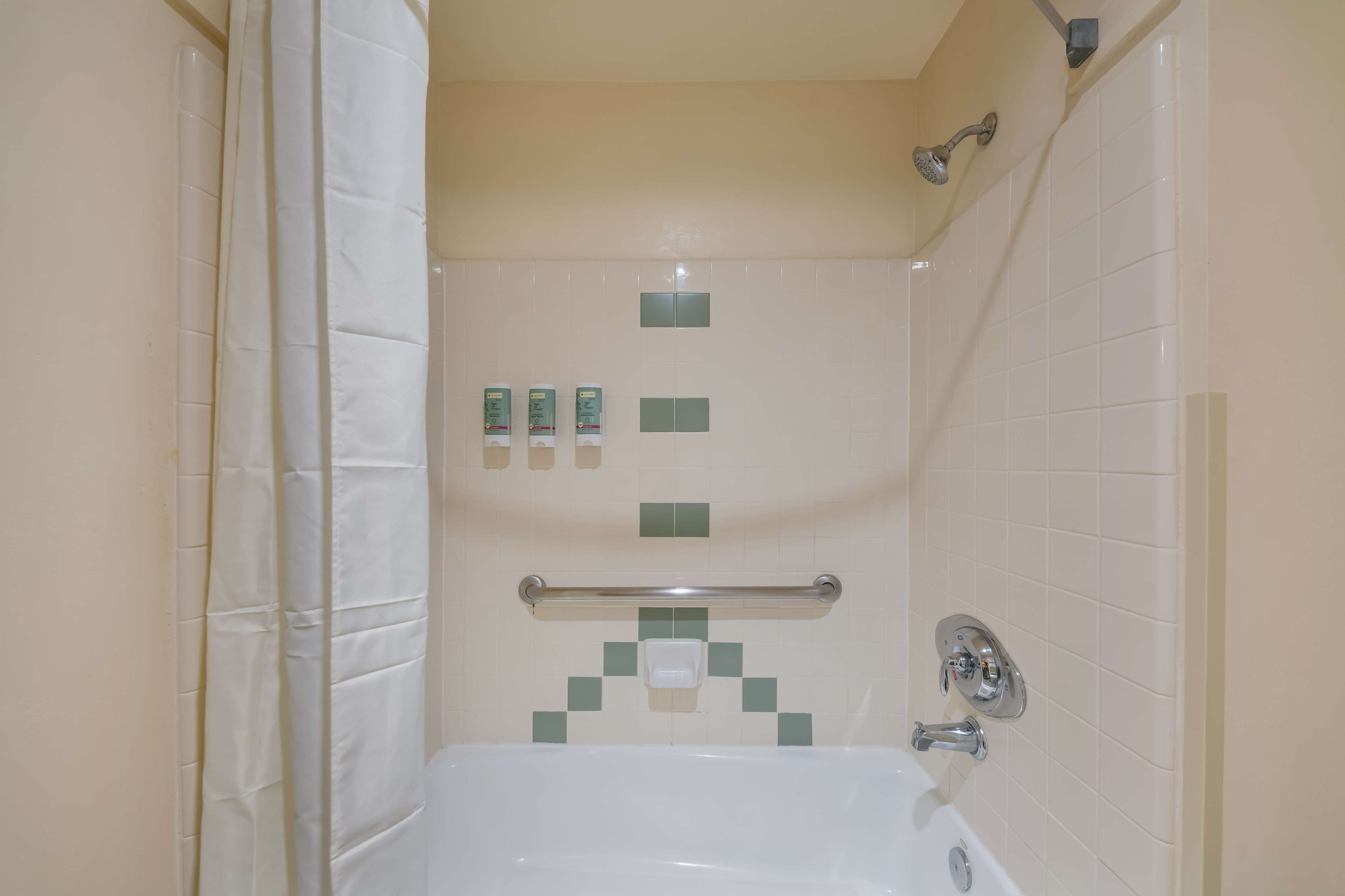 Een badkamer met een bad, een douche en een handgreep.