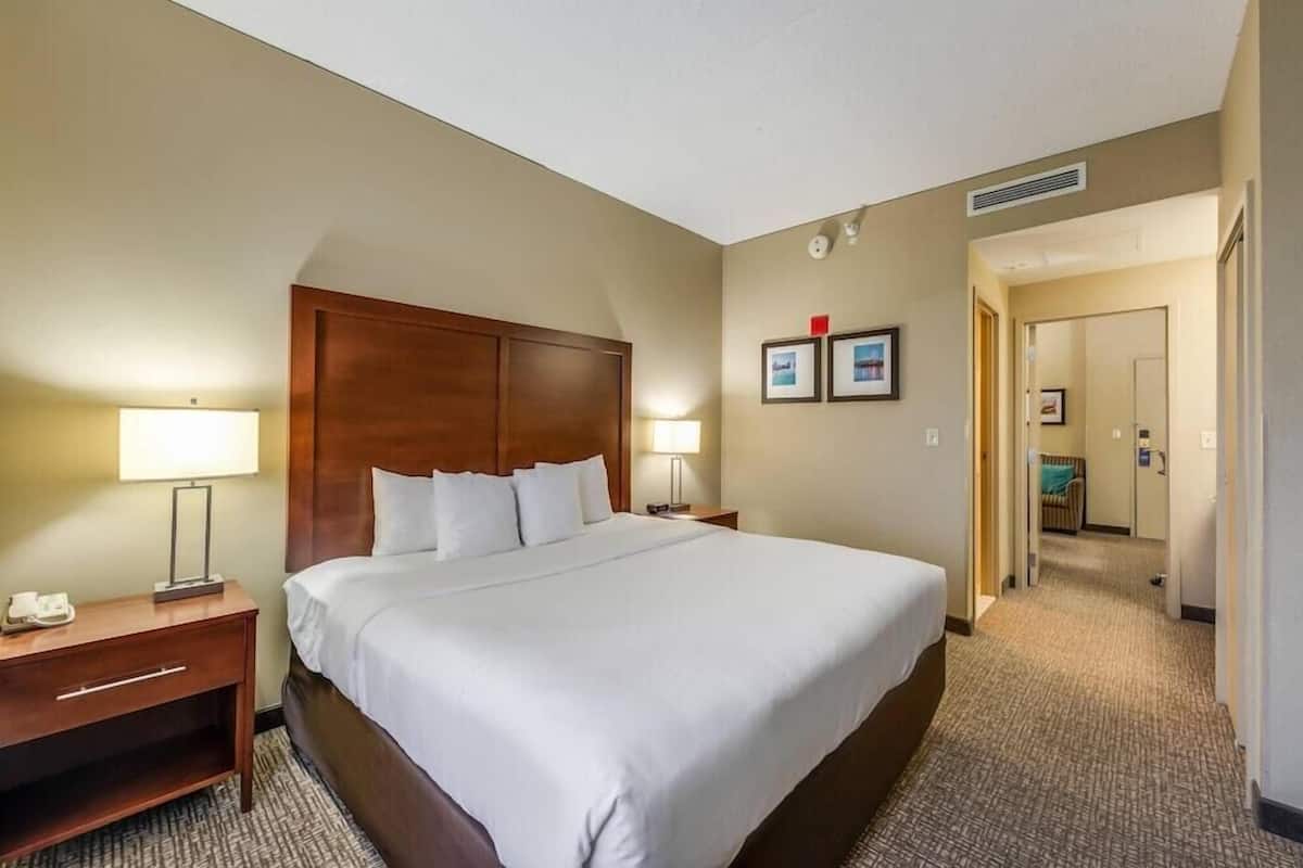 Une chambre d’hôtel avec un grand lit, deux tables de chevet avec des lampes, une tête de lit en bois et un sol recouvert de moquette.