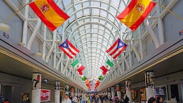 Un espacio interior amplio con techo alto y estructura de vidrio.