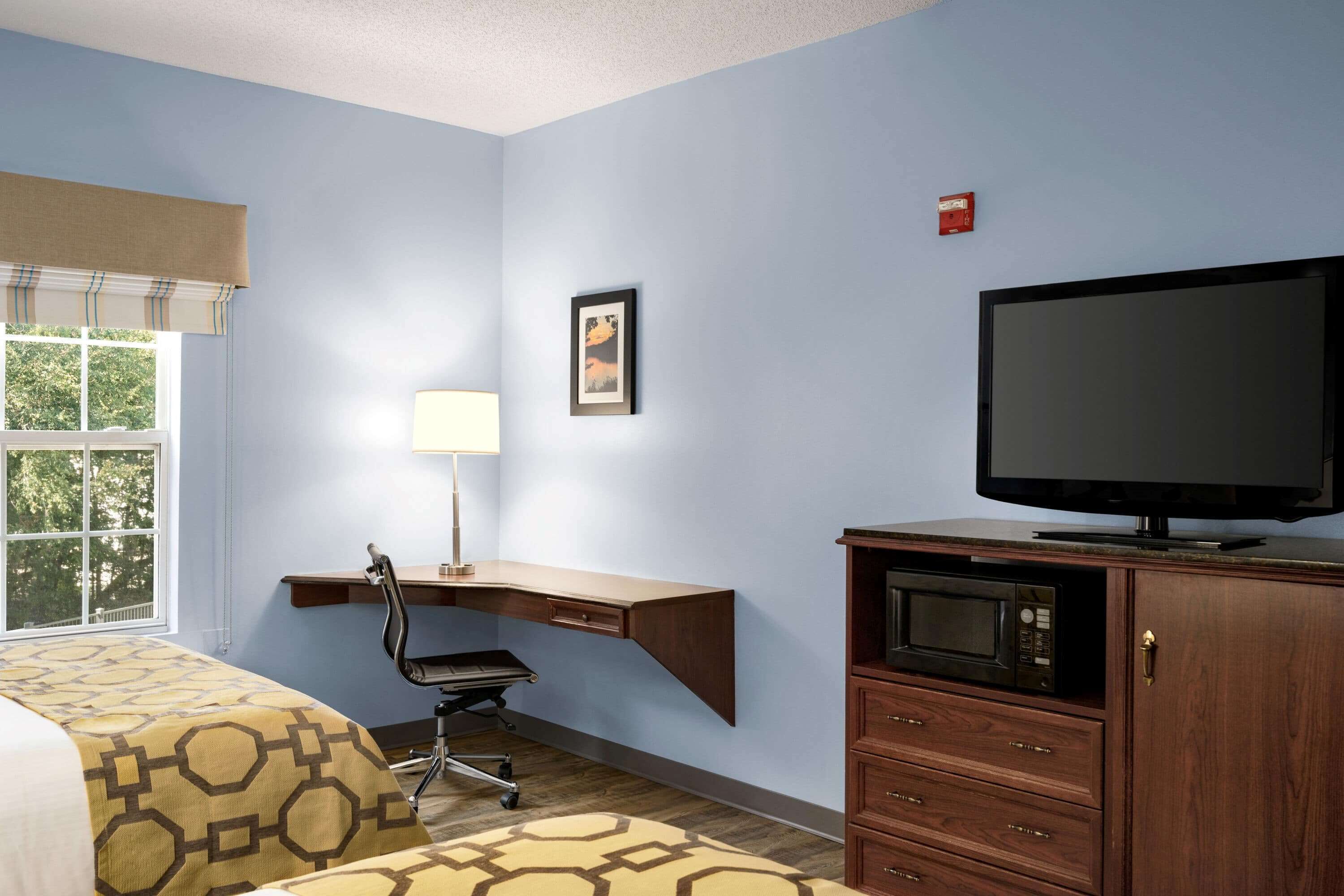 Een hotelkamer met een bed, een bureau met stoel, een televisie, een magnetron en een kast.