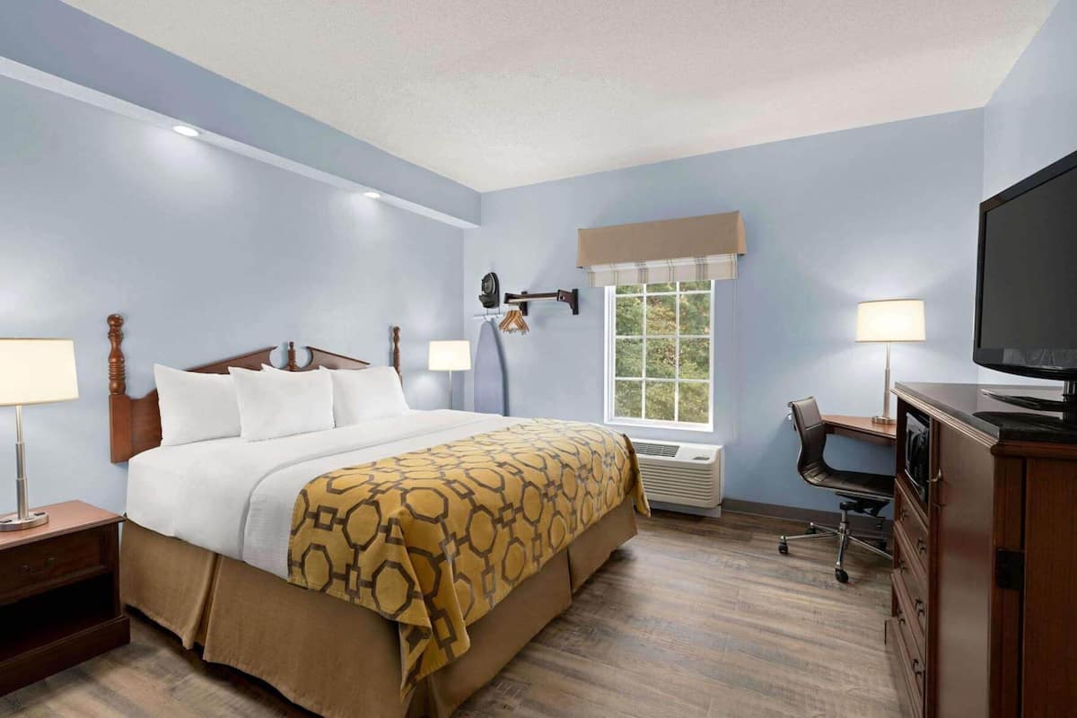 Quarto de hotel com uma cama grande, uma escrivaninha com cadeira, televisão, janela com vista e aquecedor fixado na parede.