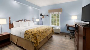 Une chambre d’hôtel avec un grand lit, deux tables de chevet, un bureau avec une chaise, une télévision et une fenêtre donnant sur un paysage verdoyant.
