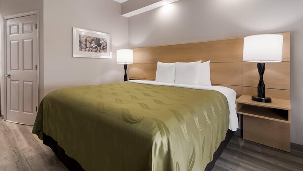 Quarto de hotel com cama, abajures, quadro emoldurado, cabeceira de madeira e porta.