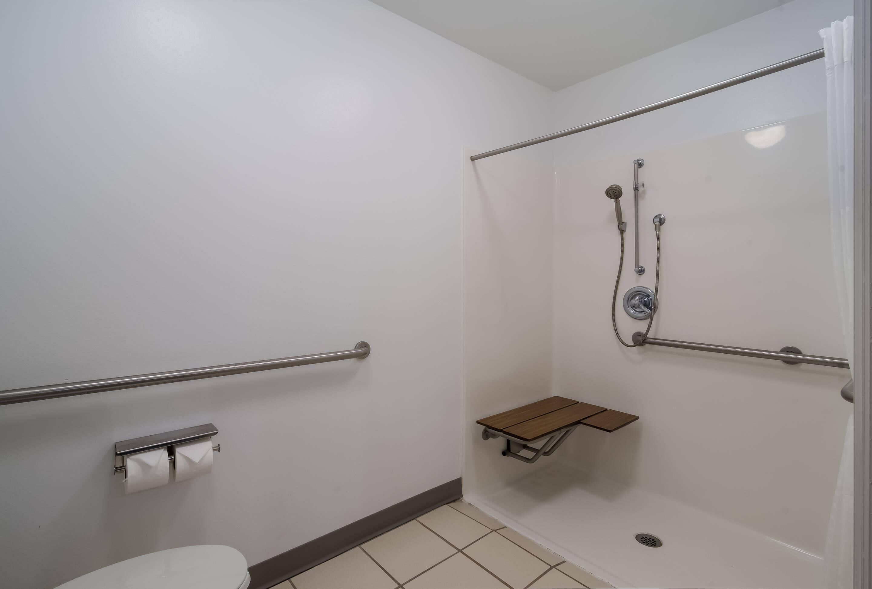 A bathroom with a toilet, a shower with a grab bar, and a small shelf.