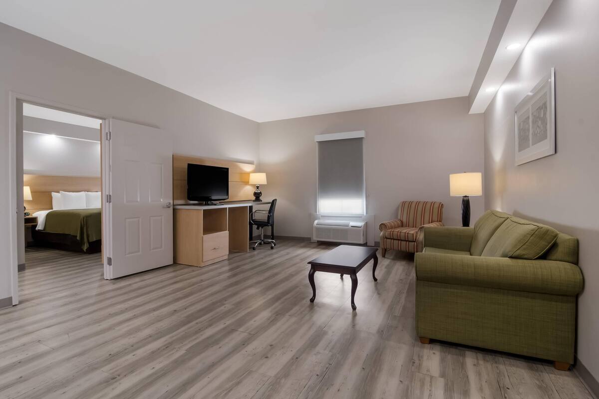 A hotel room with a wooden floor, a green sofa, a desk with a chair, a TV, and a window with blinds.