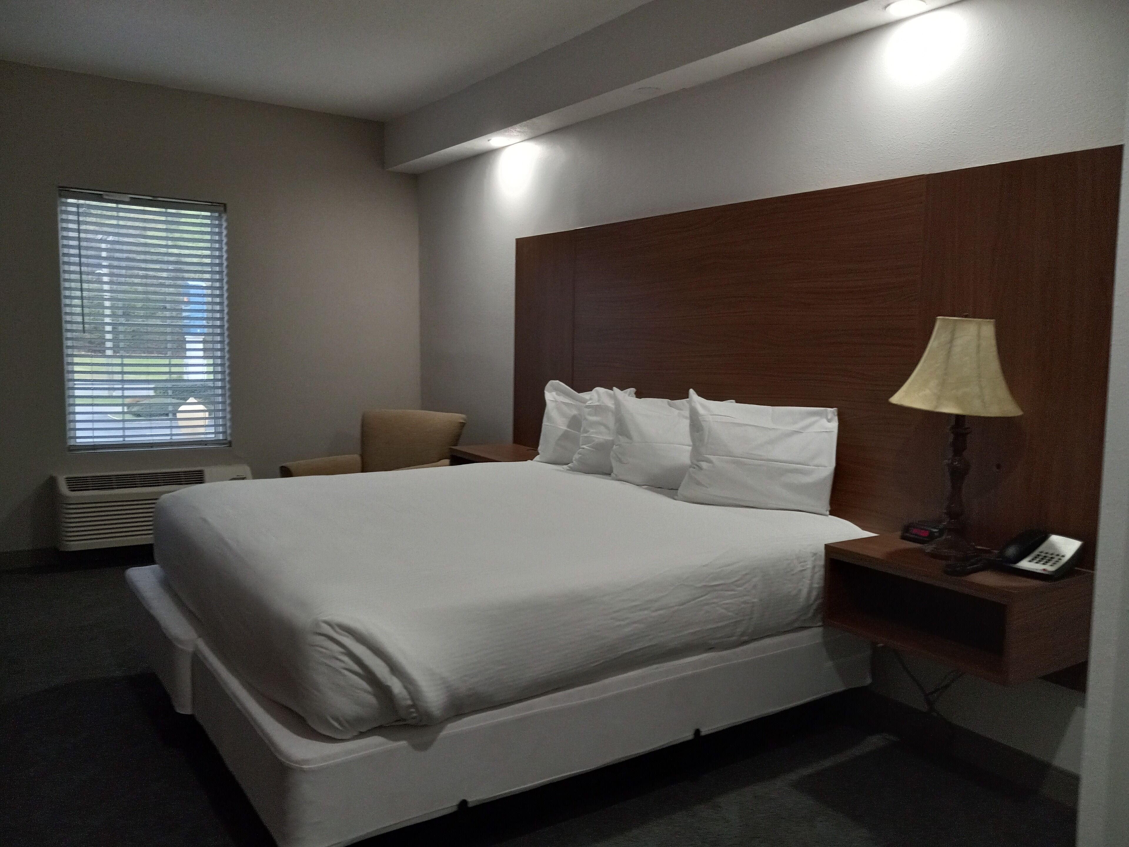 Una habitación de hotel con una cama grande, una silla, una mesita de noche con lámpara y un teléfono.