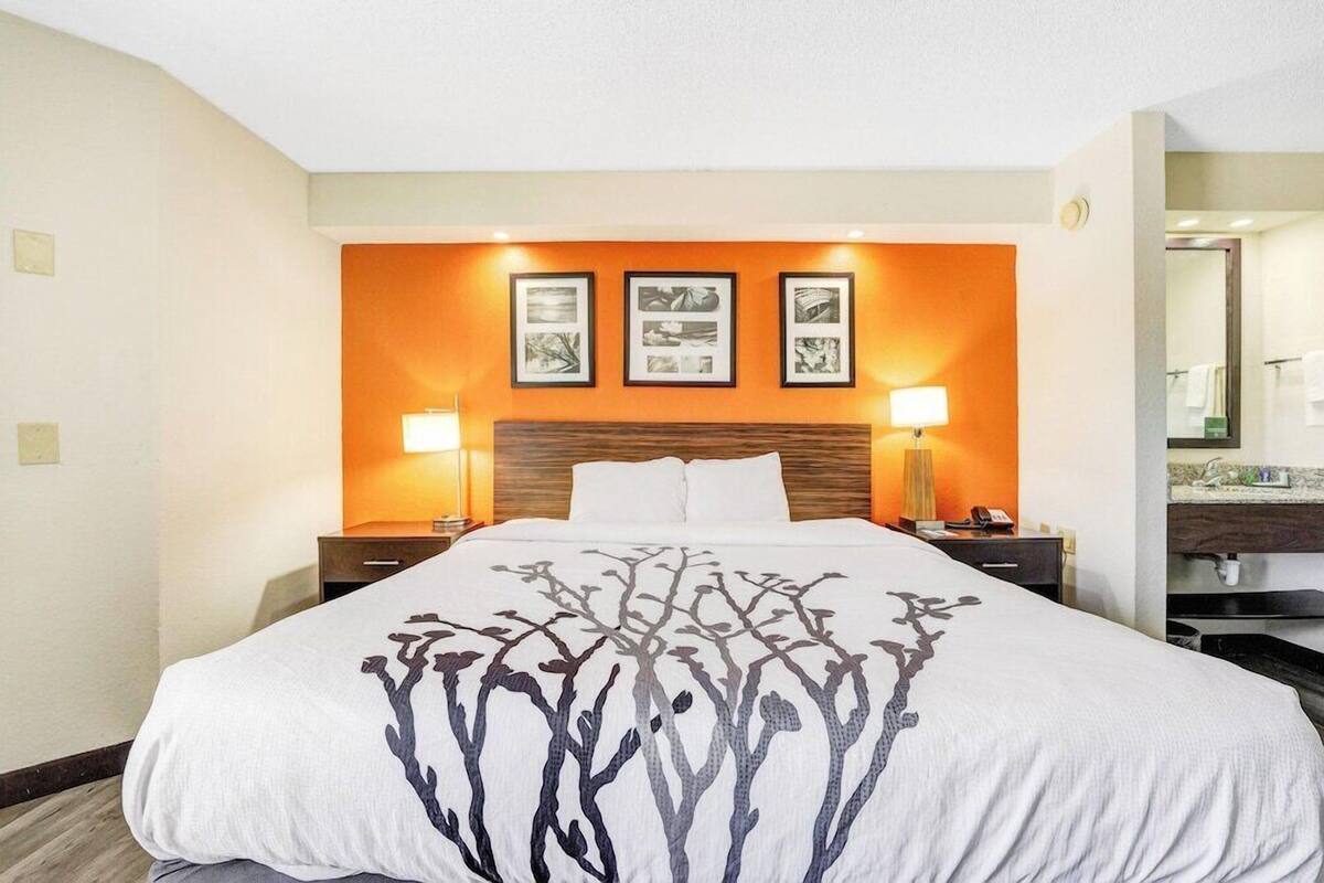 A hotel room with a bed, two bedside lamps, a nightstand, a mirror, and a wall with three framed pictures.