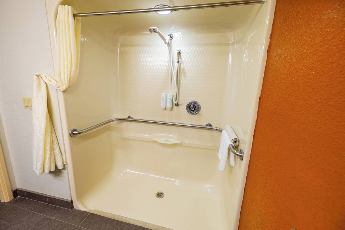 A walk-in shower with a grab bar, a handheld showerhead, and a handheld faucet.