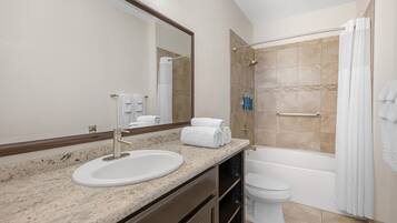Une salle de bain équipée d’un lavabo, d’un miroir, de toilettes et d’une zone douche.