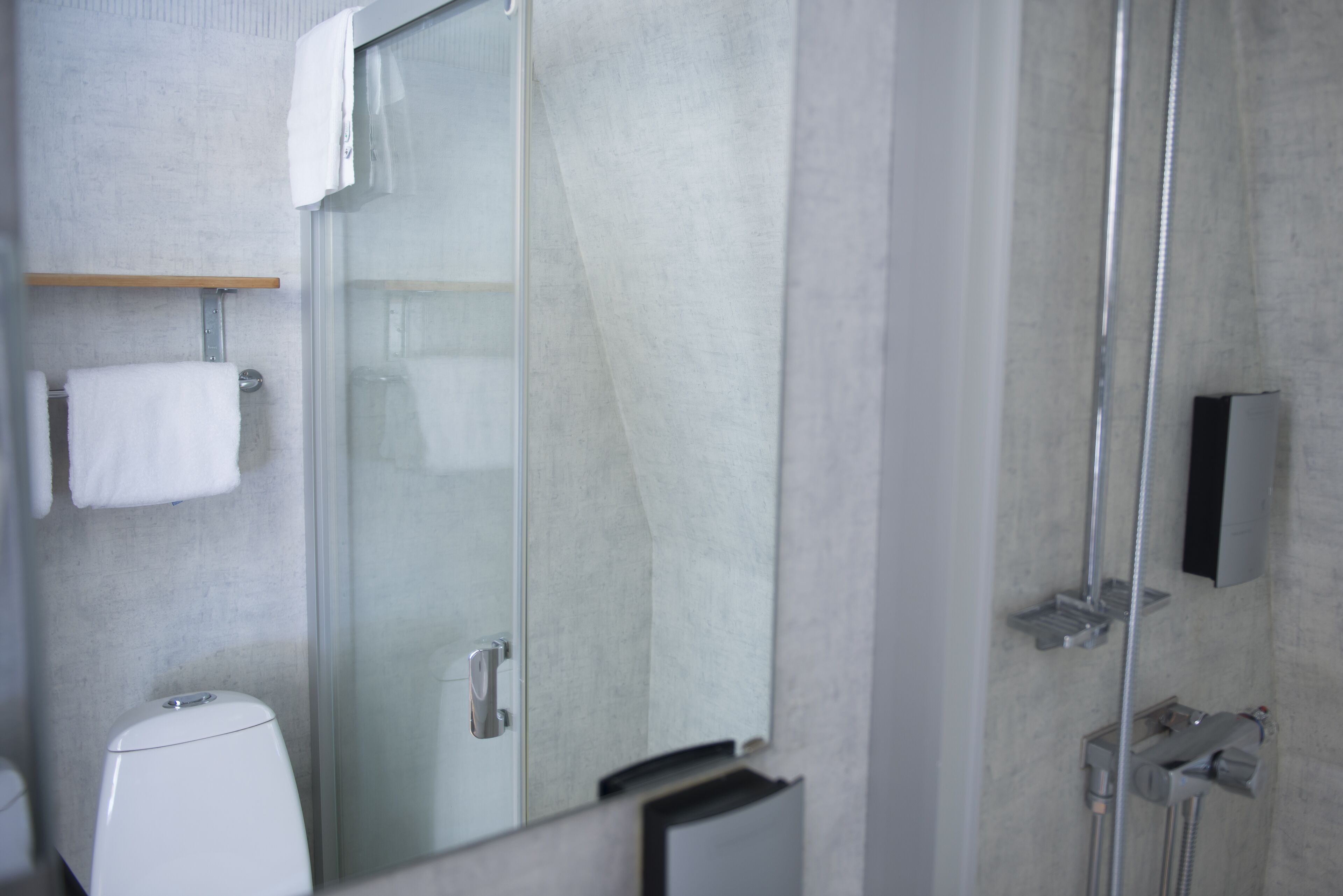 A modern bathroom with a glass shower enclosure, a toilet, and a towel rack.