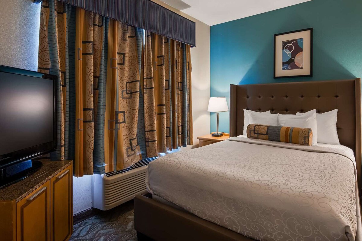 A hotel room with a large bed, a flat-screen TV, a window with patterned curtains, and a framed picture on the wall.