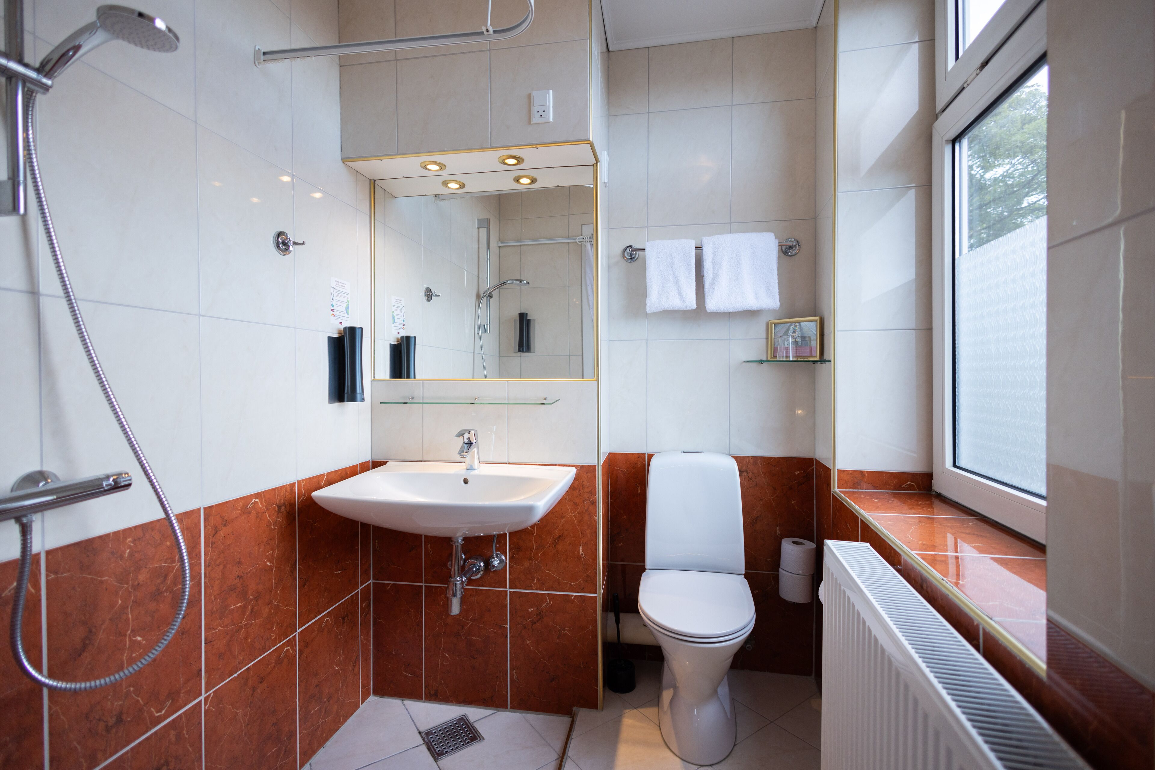 Un baño moderno con ducha, lavamanos e inodoro.