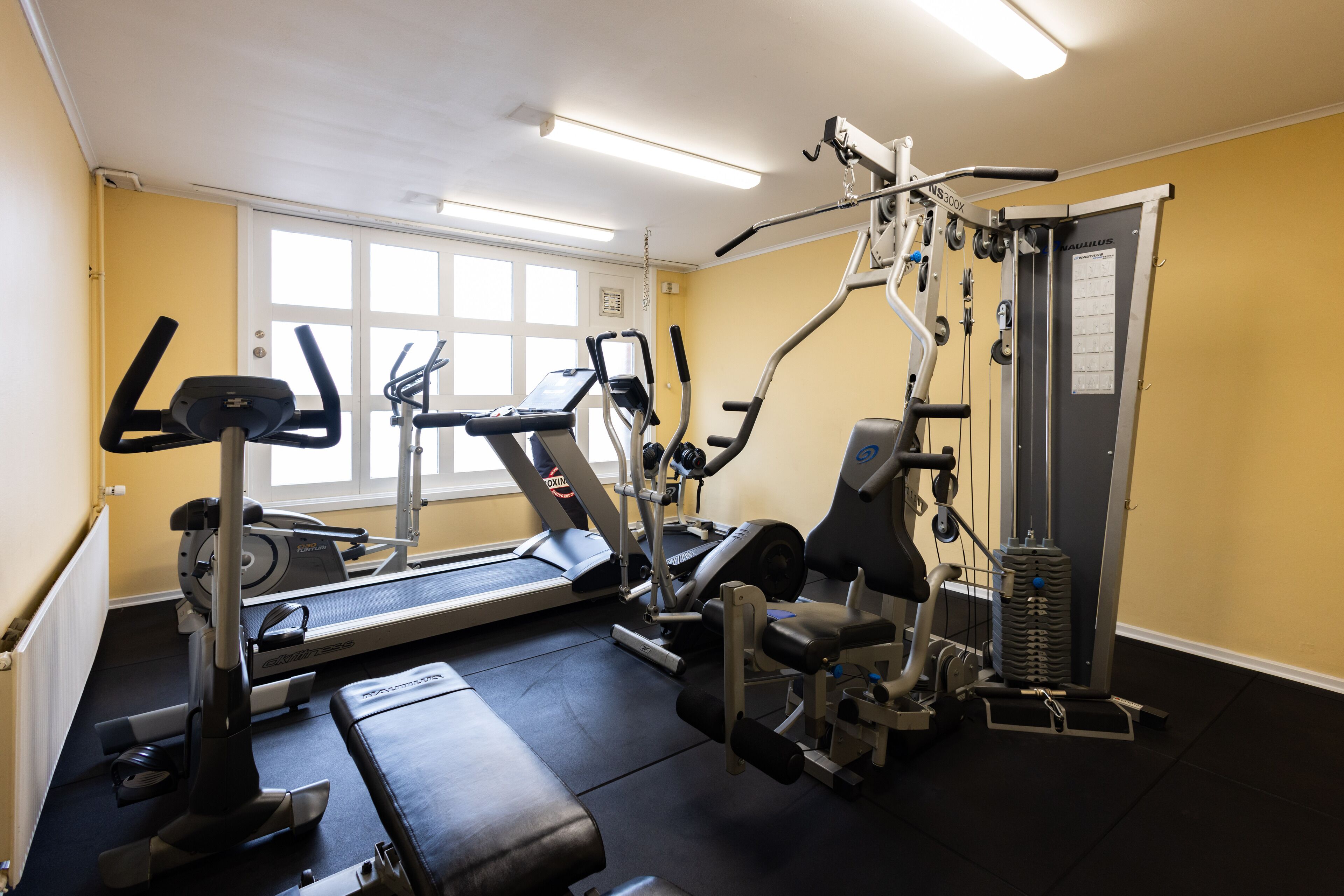 Un gimnasio con diversos equipos de ejercicio, una cinta de correr y un banco para pesas.