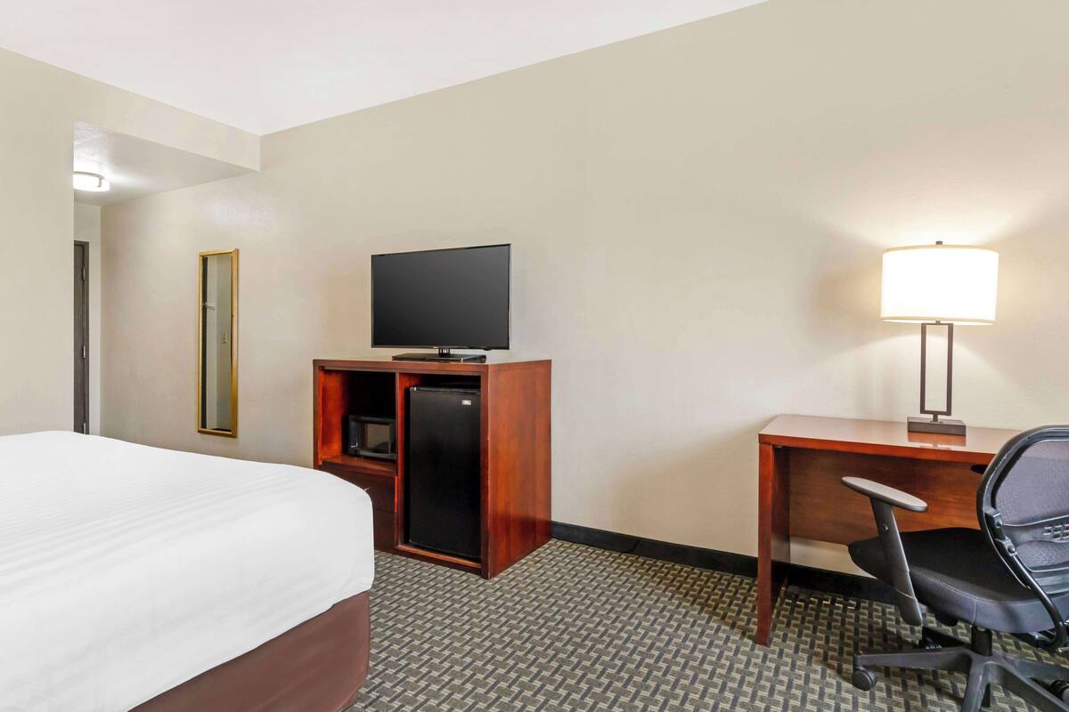 A hotel room with a bed, a desk with a chair, a television, and a lamp.