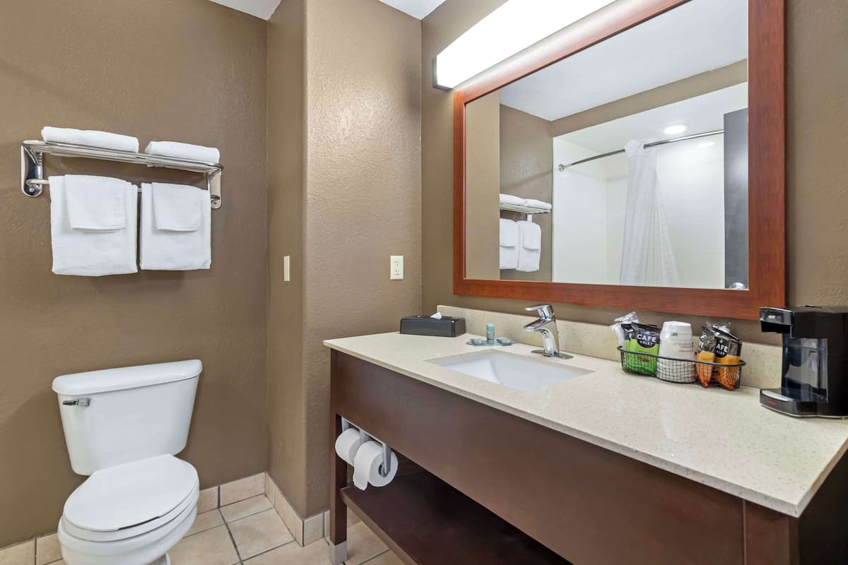 A bathroom with a toilet, sink, and mirror. There are towels hanging on a rack and toiletries on the sink counter.