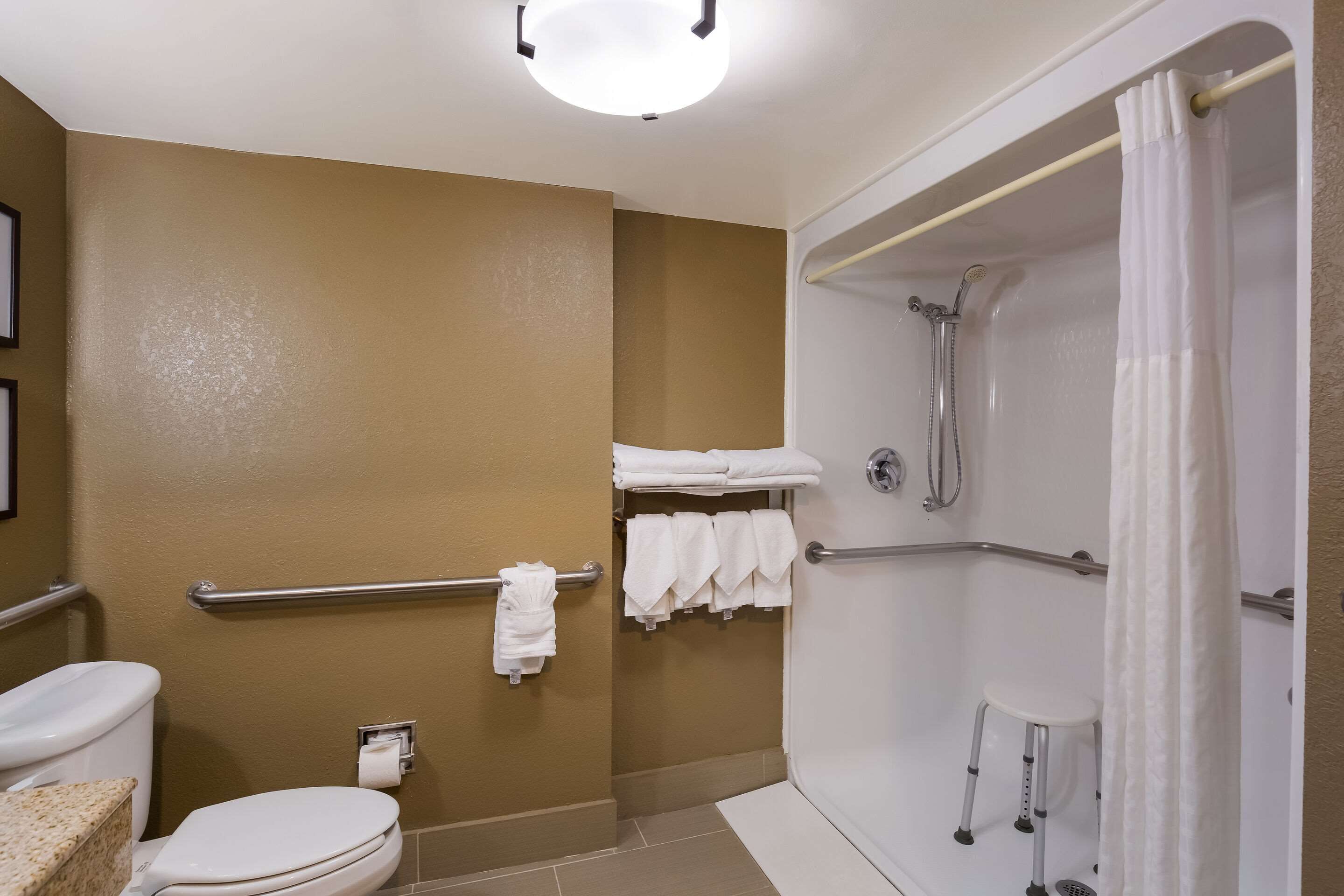 A bathroom with a toilet, a shower with a grab bar, and a towel rack with towels.